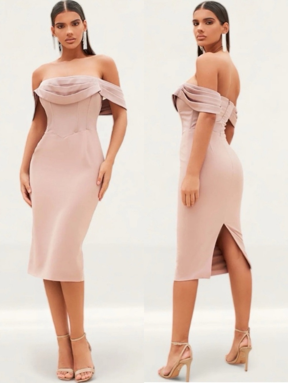 NWT Lavish Alice Mink Pleated Bardot Satin Mix Midi Dress